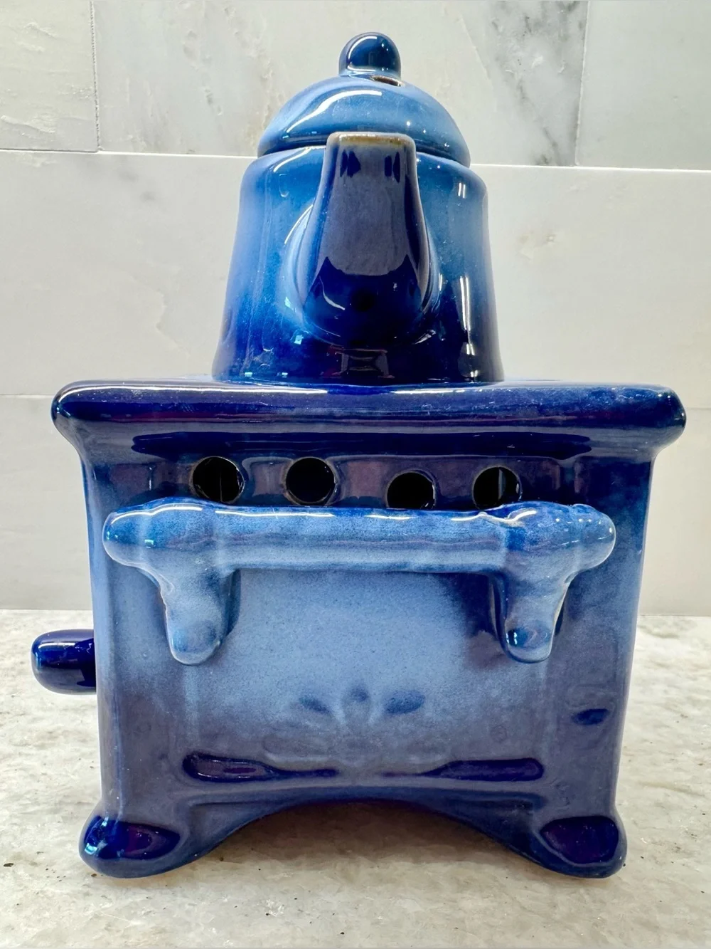 New Rustic Blue Ceramic Stove & Tea Pot Tea Light Candle Oil Warmer Diffuser 6”